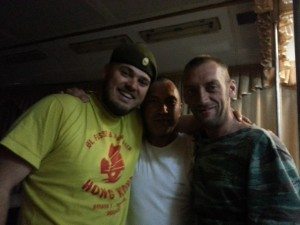 more crazy russians. this guy on the right was in the army fighting in ukraine. I borrowed his hat