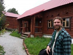 Outside the banya, relaxed and smiling