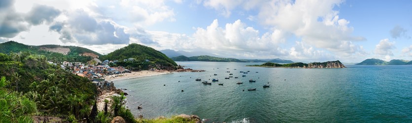 aerial photo of red reef in xuan dai bay in phu yen province